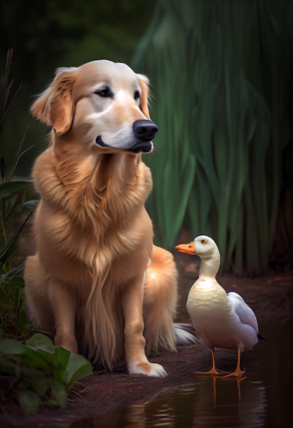 Goose and golden retriever meeting AI Generated