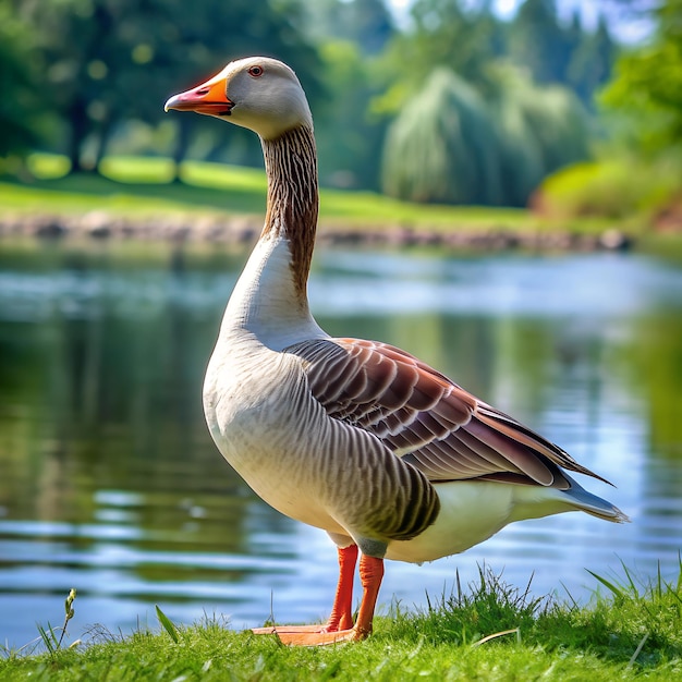 a goose is standing on the grass by a pond