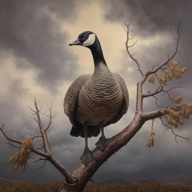 A goose sits on a tree branch in a cloudy sky.