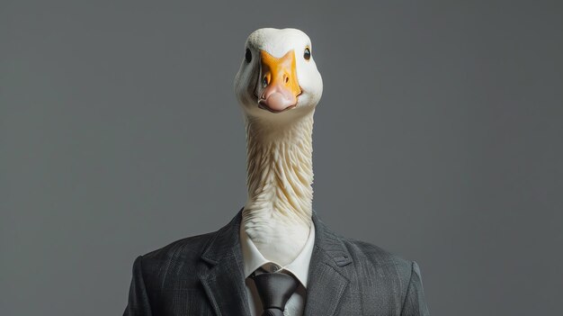 Photo a goose wearing a suit and tie looks directly at the camera with a serious expression