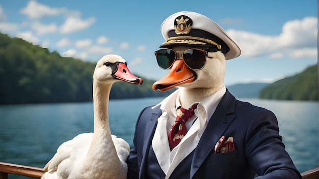 Photo a goose wearing a suit and tie and sunglasses with a man wearing a suit and tie