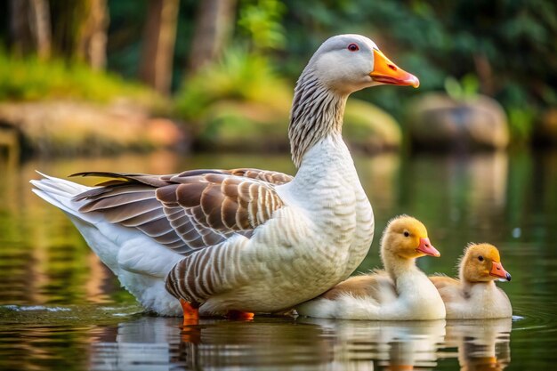 Photo a goose with a duck on its back and the other duck in the middle