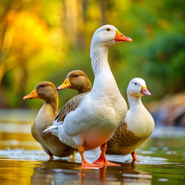 Photo a goose with a duck on its back and the other duck in the middle