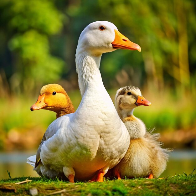 Photo a goose with a duck on its back and the other duck in the middle