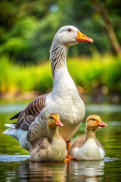 A goose with a duck on its back and the other duck in the middle