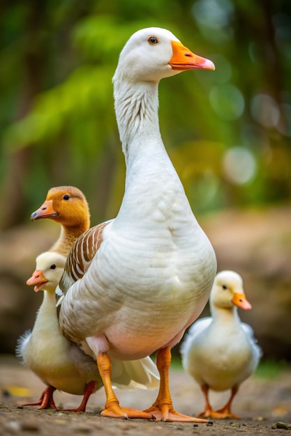 Photo a goose with a duck on its back and the other duck in the middle