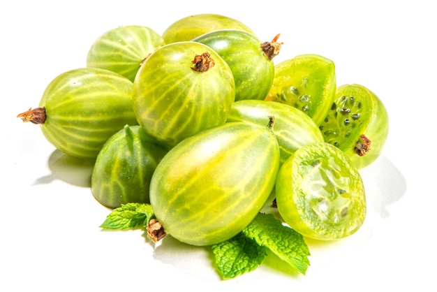 Gooseberry with leaf isolated on white