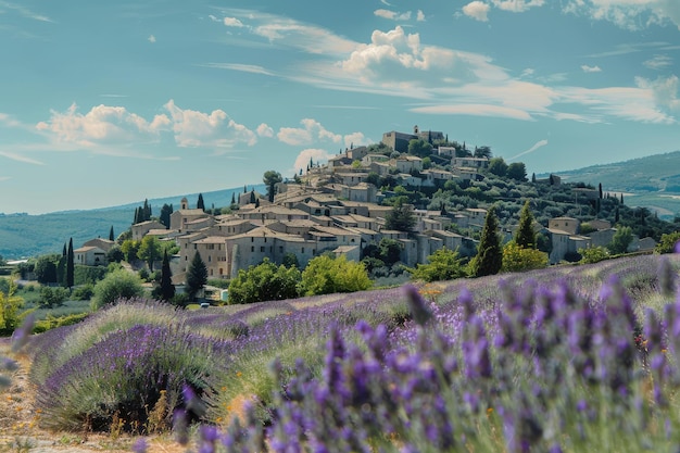 Photo gordes province france as background of the lavender field during summer gordes province france