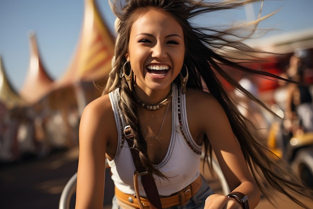 Gorgeous 20 years old blonde girl riding a bike Pony tail Wearing jeans shorts and a white tank