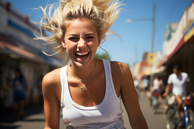 Gorgeous 20 years old blonde girl riding a bike Pony tail Wearing jeans shorts and a white tank