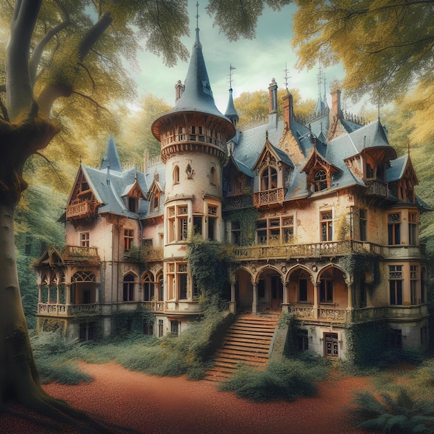 gorgeous abandoned medieval mansion in a fairytale forest photo realistic