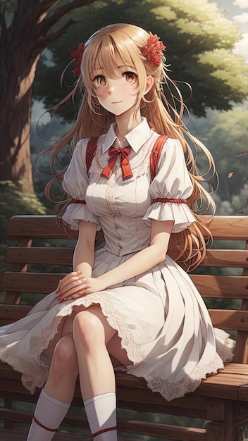 Gorgeous anime manga girl white dress sitting in the park