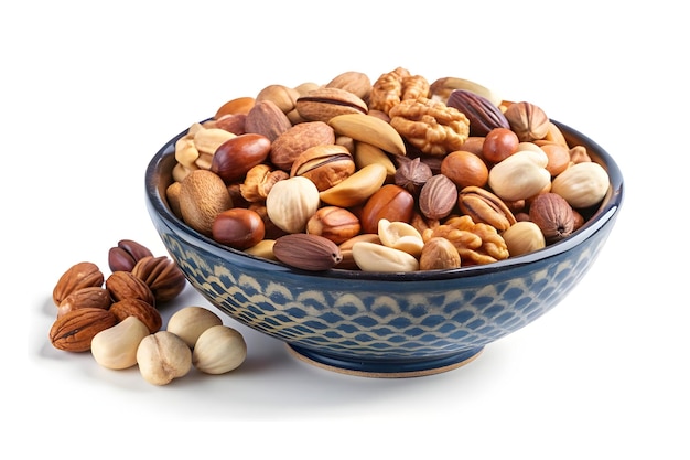 A gorgeous arrangement of assorted nuts in a porcelain bowl set off against a pure white background