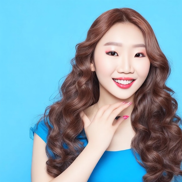 Gorgeous Asian Woman Curly Hair Korean Makeup Flawless Skin