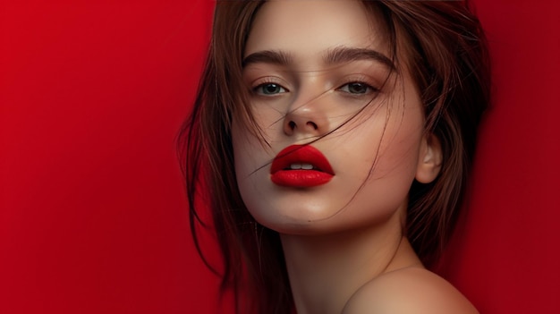 gorgeous and beautiful portrait of a girl with red lipstick on red background ar 169 Job ID 4a2b0f4bbb3b4b28a25a8ab2446ed7e2