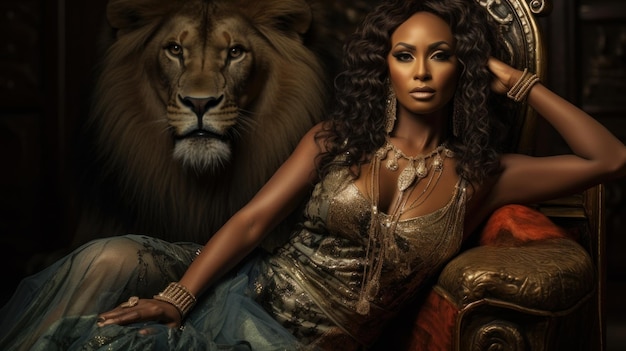 Gorgeous beautiful woman and a powerful lion