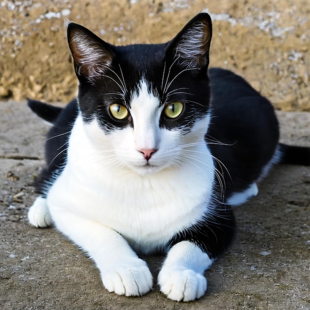 Gorgeous Black and White Cat sitting on the ground in outdoor area