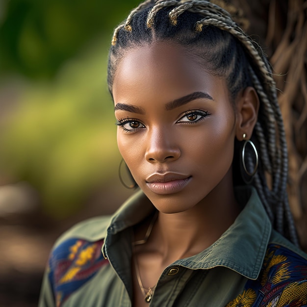 Gorgeous black woman posing with unfocused background