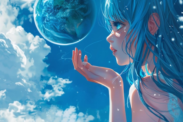 gorgeous blue haired female asian manga lady looking at her hand above which floats the planet earth