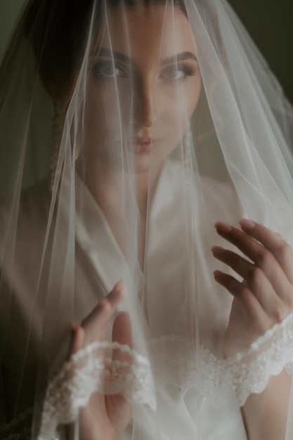 Gorgeous bride in a beautiful dress. Morning newlyweds.