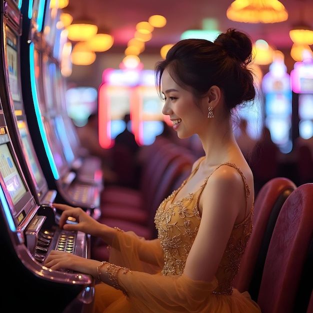 Gorgeous casino woman wearing golden color dress