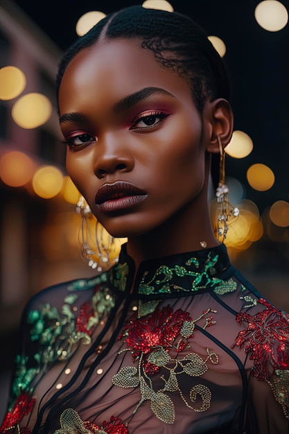 A gorgeous closeup portrait of elegant beautiful black young woman on the street fairy lights hollow light blossom magnolia AI Generated