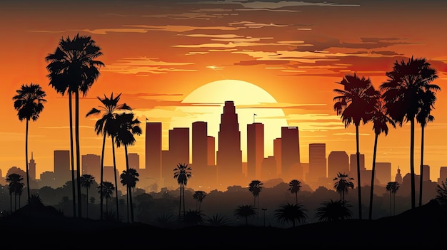 Gorgeous dusk over LA s downtown skyline and palm trees