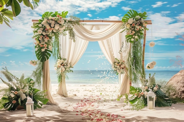 gorgeous flowering tropical plants as a backdrop for a wedding beach bohemian background curtain decoration Generative AI