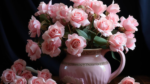 Gorgeous fresh pink roses stand in a pink large porcelain vase on the table