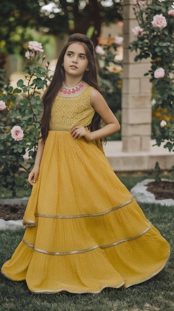 Photo gorgeous girl landscape wearing yellow desi dress for fashion photoshoot in a garden