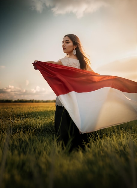 Gorgeous Girl Waves Indonesian Flag in the Middle of a Serene Tall Grass Field Generated by AI