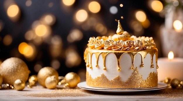 Photo gorgeous golden birthday cake selective focus