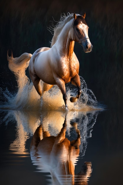 Gorgeous Horse Running on Water with Reflection, Cinematic Lighting - AI Generated