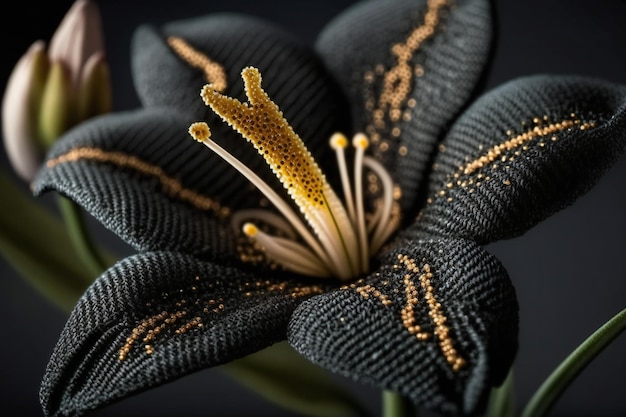 Gorgeous knitted Lily Flower featuring Vantablack stem with shimmering golden and black petals