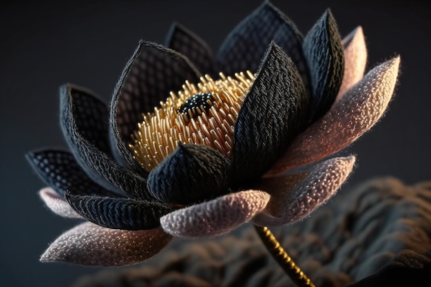 Gorgeous knitted Lotus Flower featuring Vantablack stem with shimmering golden and black petals