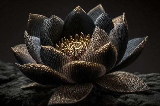 Gorgeous knitted Lotus Flower featuring Vantablack stem with shimmering golden and black petals