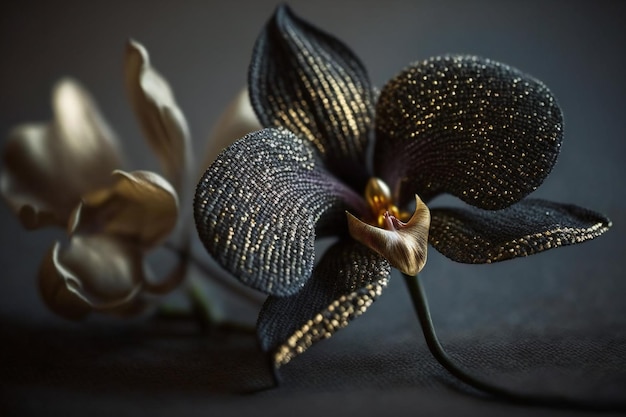 Gorgeous knitted Orchid Flower featuring Vantablack stem with shimmering golden and black petals