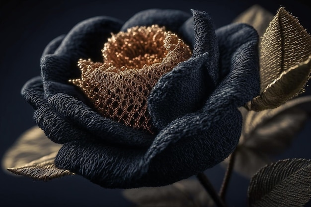 Gorgeous knitted rose featuring Vantablack stem with shimmering golden and black petals