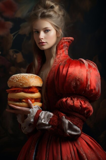 Gorgeous lady in red historical dress with supersized burger classic oil painting style