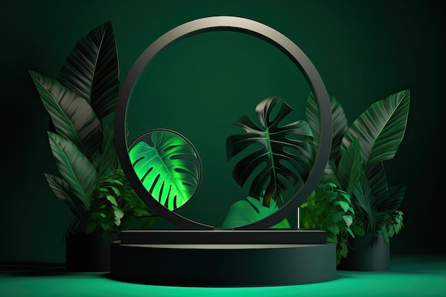 Gorgeous Natural Product Showcase with ThreeDimensional Tropical Leaf on Green Dais