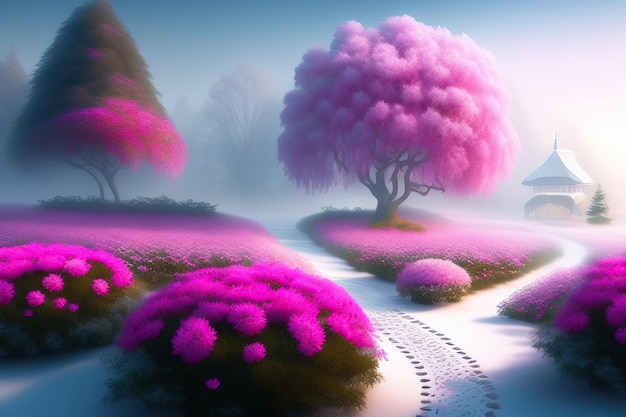 Gorgeous pink peony garden morning fog The beautiful Peony tree is standing while snow drop