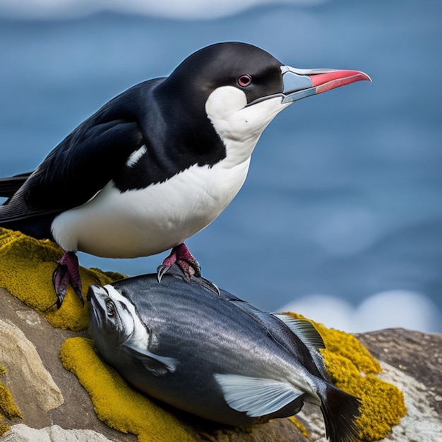 Gorgeous razorbill bird with caught fish