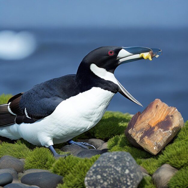 Gorgeous razorbill bird with caught fish