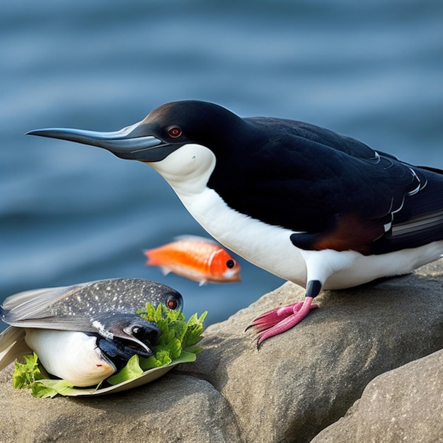 Gorgeous razorbill bird with caught fish