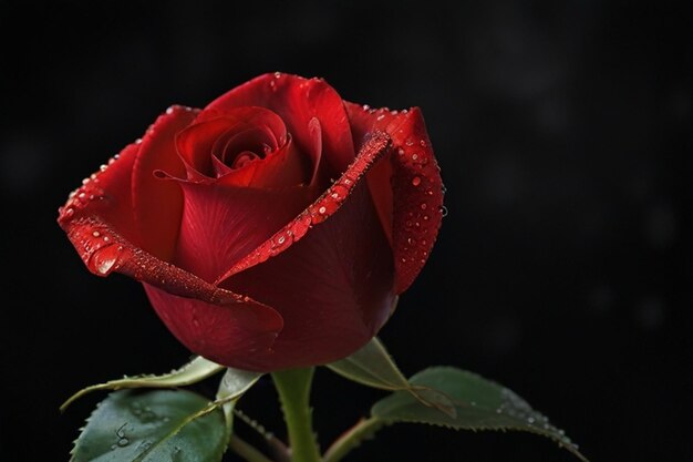 Gorgeous Red Rose Blossom with Glistening Dew Drops on Black Surface