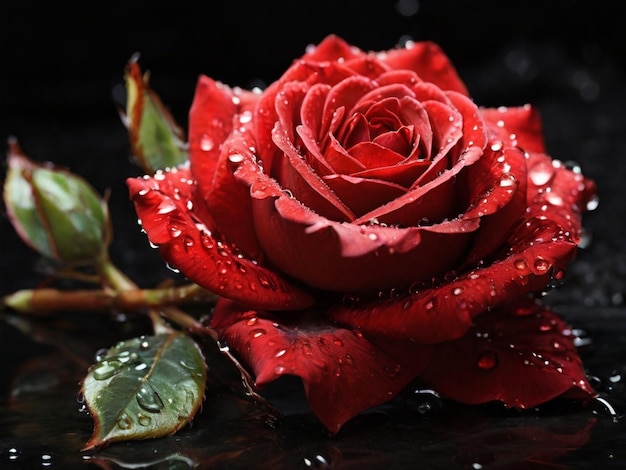 Gorgeous Red Rose Covered in Dew Drops Against Black