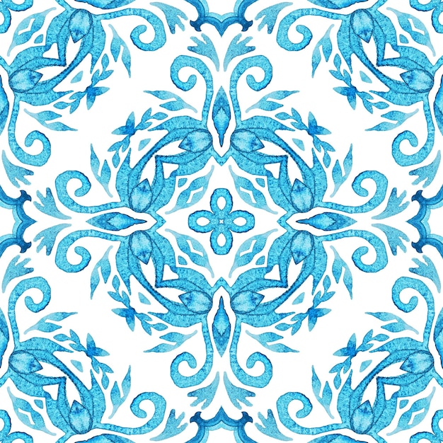 Gorgeous seamless blue floral watercolor pattern oriental tiles fabric design