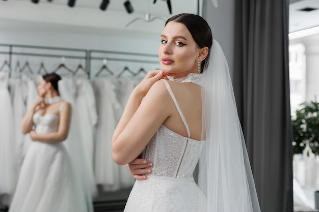 Gorgeous slender bride tries on a wedding dress in a beauty salon in front of a mirror