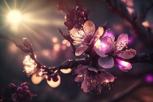 Gorgeous spring tree branch flowers backdrop with blooming twig in on sunlight rays background.