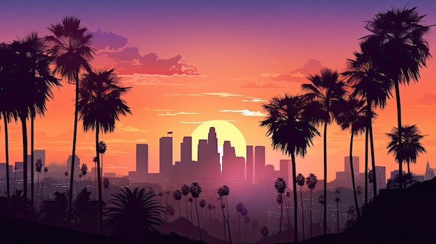 Gorgeous sunset over LA skyline with palm trees upfront